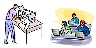 Illustration of a person using a printer and other working on computers.